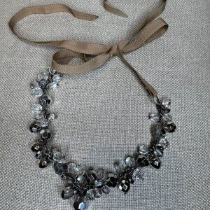 Vintage - Silver Beaded Rhinestone Necklace with a Bow Ribbon